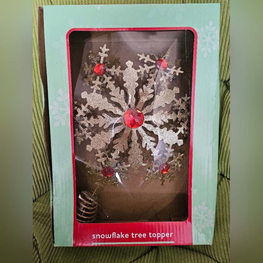 Brand New Gold and Red Snowflake Tree Topper